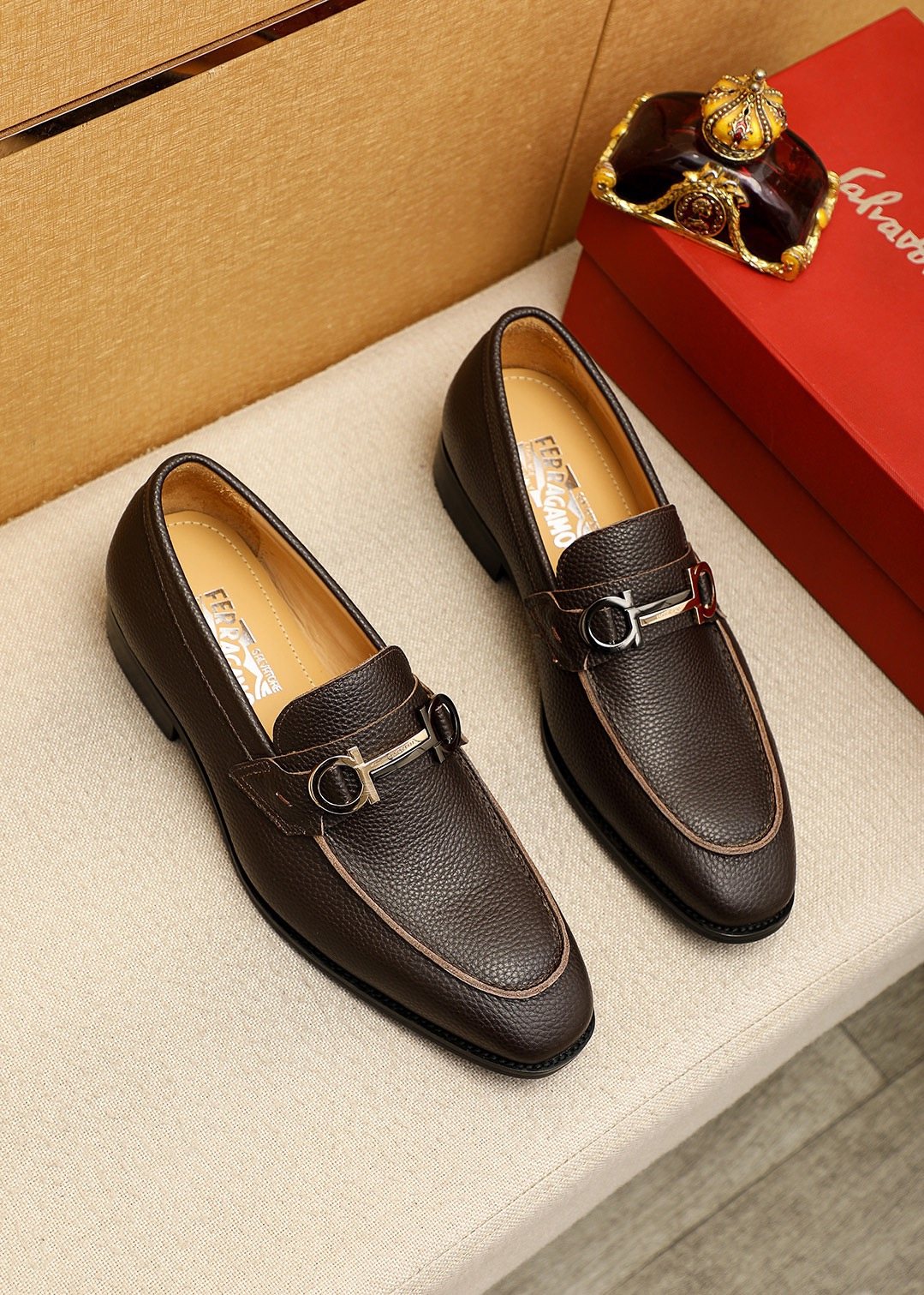 Ferragamo Men's Pebble Leather Buckle Loafers